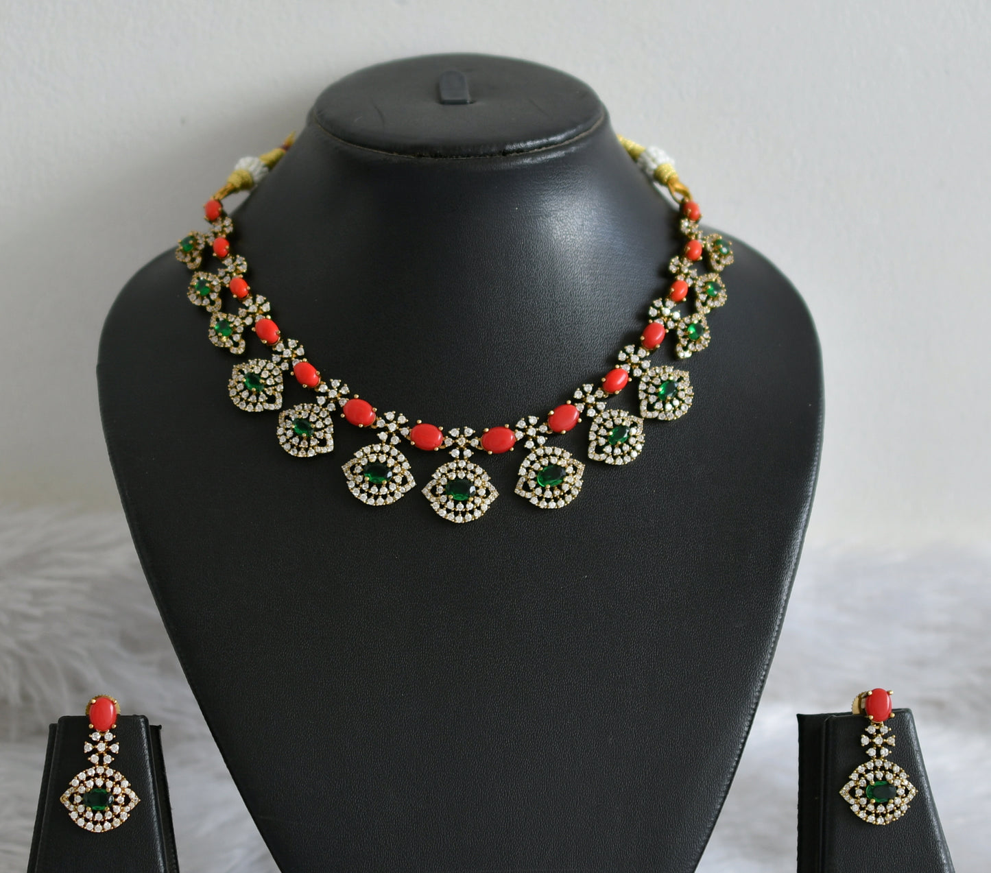 Matte finish cz coral-green oval stone necklace set dj-48743