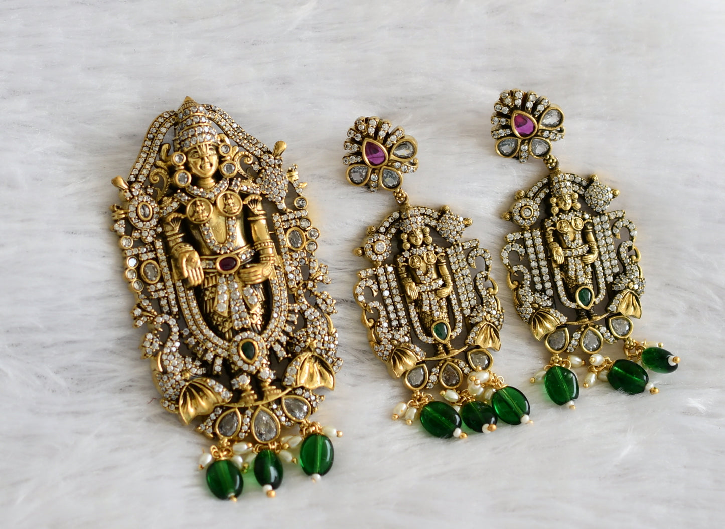 Antique gold tone sri venkateswara cz kemp-green stone green bead victorian pendant set dj-46969