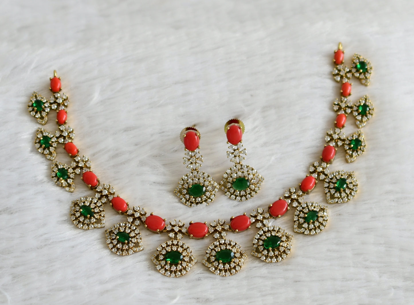 Matte finish cz coral-green oval stone necklace set dj-48743