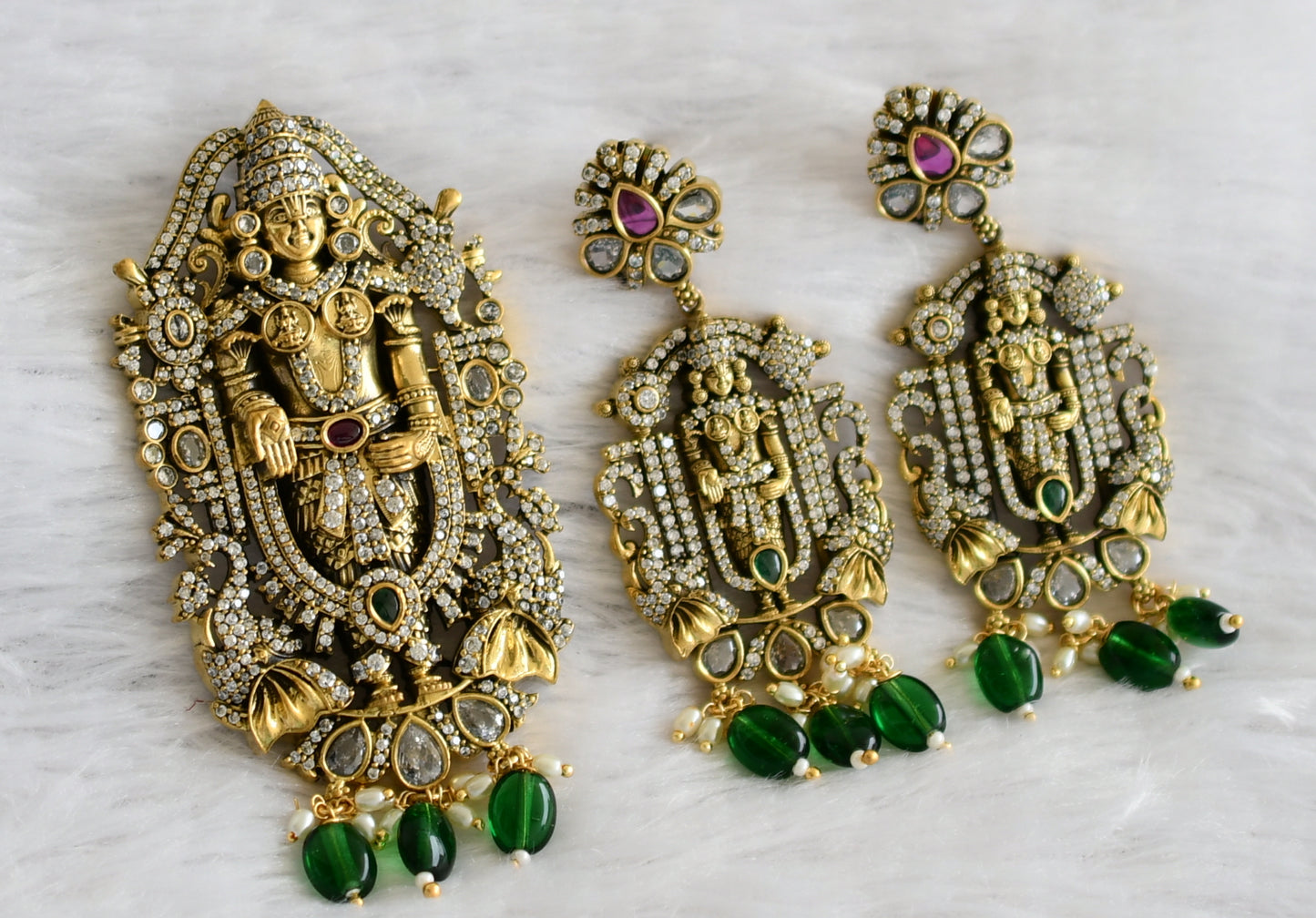 Antique gold tone sri venkateswara cz kemp-green stone green bead victorian pendant set dj-46969