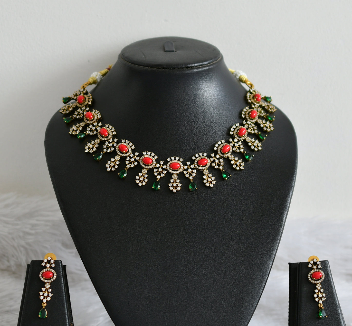 Matte finish cz coral-green stone necklace set dj-48742