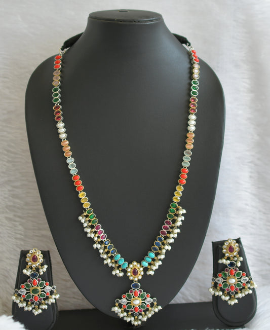 Silver tone Navarathna haar set dj-42168