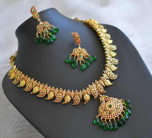 Gold tone ruby-emerald-white mango lakshmi necklace set dj-45297