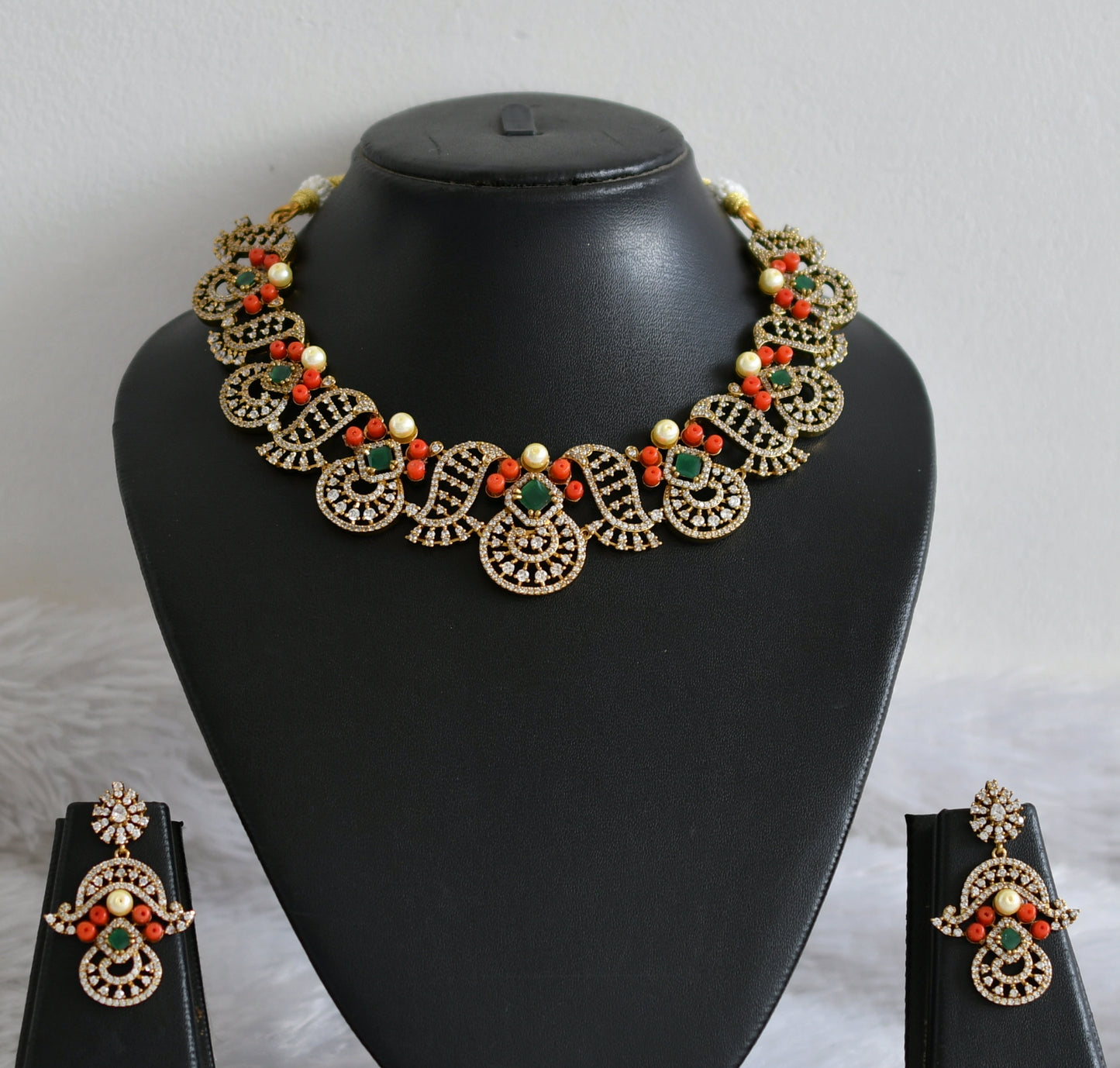 Matte finish cz green-coral-pearl beaded necklace set dj-48744