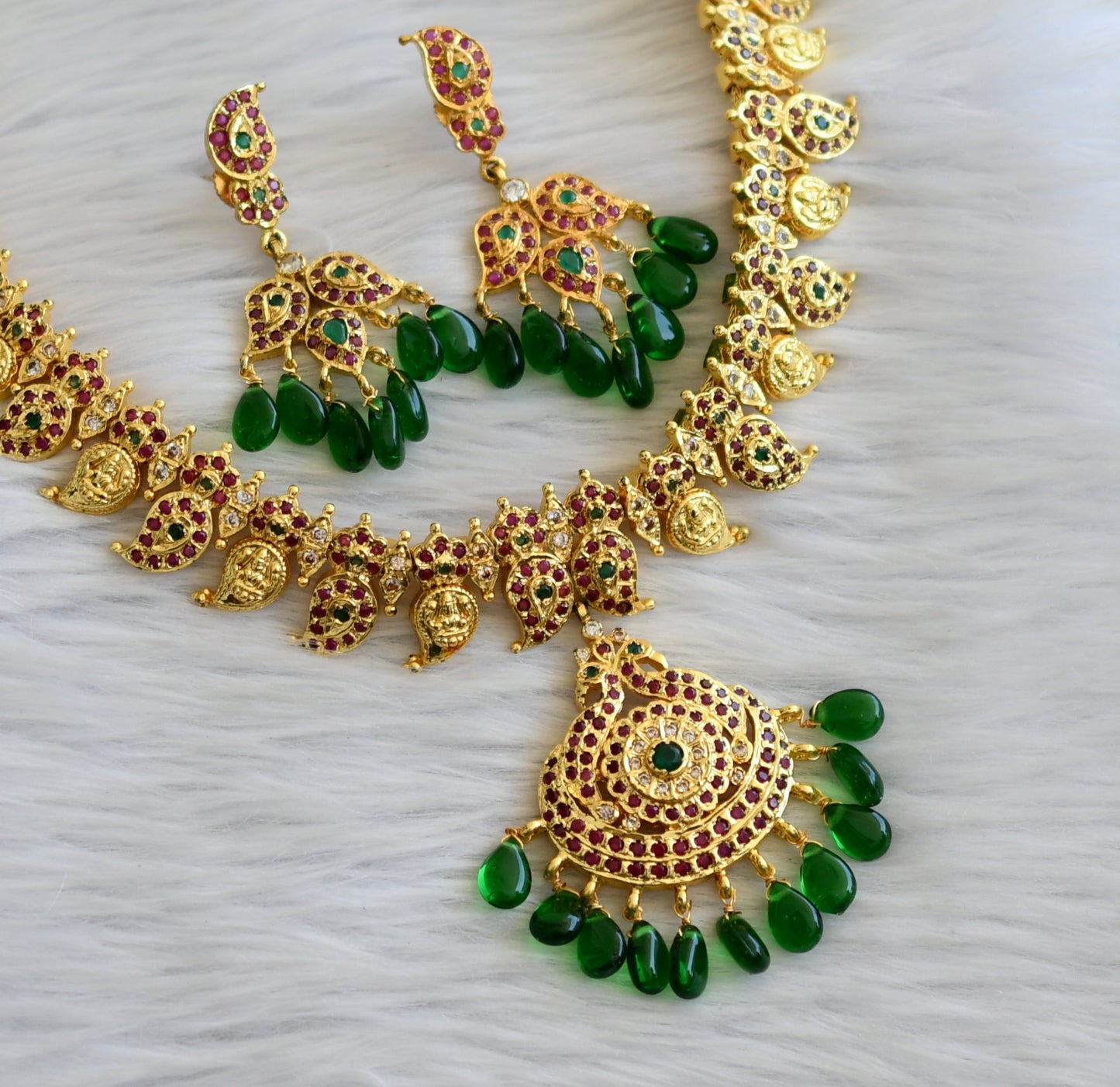 Gold tone ruby-emerald-white mango lakshmi necklace set dj-45297