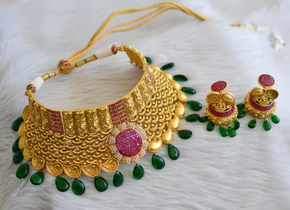 Gold tone ruby-pearl green beaded bridal choker set dj-45296