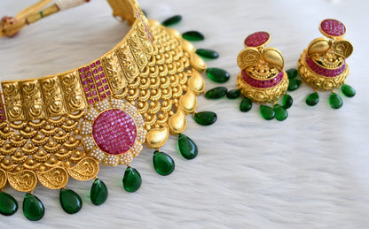 Gold tone ruby-pearl green beaded bridal choker set dj-45296