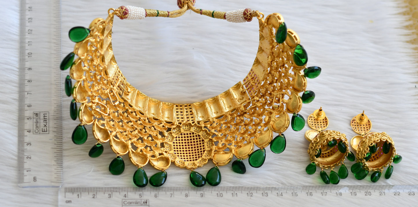 Gold tone ruby-pearl green beaded bridal choker set dj-45296