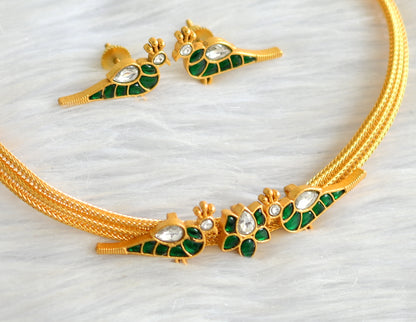 Gold tone white-green kundan jadau Lotus-bird necklace set dj-38163