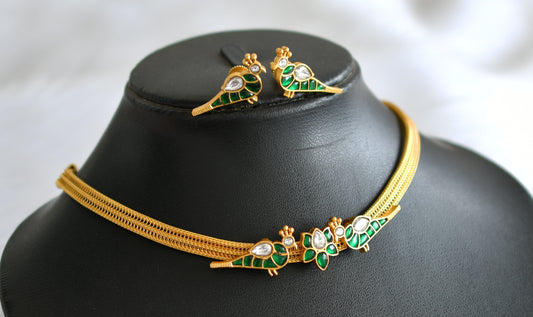 Gold tone white-green kundan jadau Lotus-bird necklace set dj-38163
