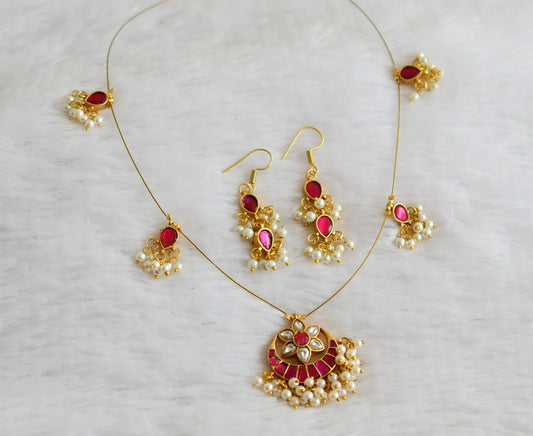 Gold tone pink-white kundan jadau flower moon pearl cluster invisible necklace set dj-50619