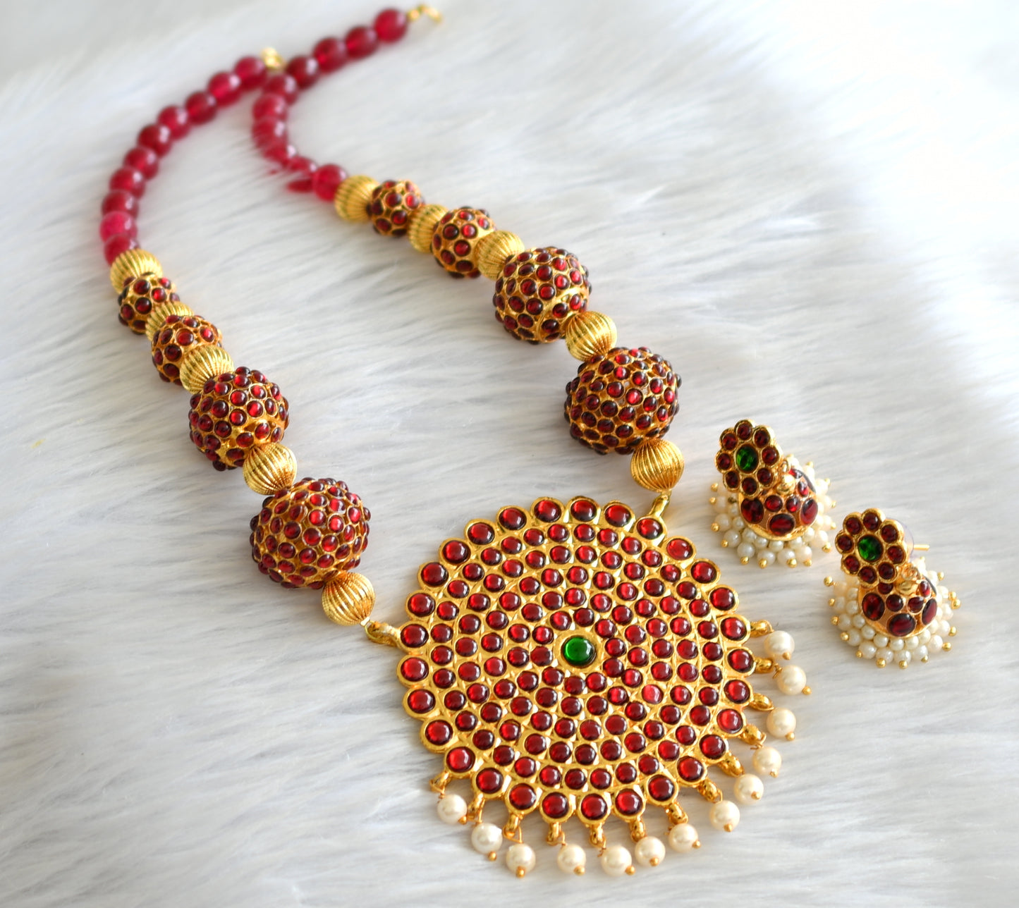 Gold tone kemp rudhra balls big pendant temple necklace set dj-18363