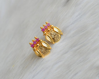 Gold tone pink stone Lakshmi coin stud/earrings dj-42350