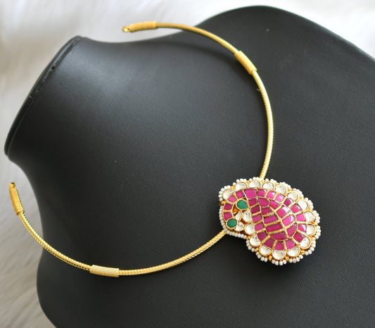 Gold tone pink-green-white kundan jadau mango Hasli necklace dj-42355