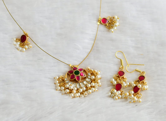 Gold tone white-pink-green kundan jadau flower moon pearl cluster invisible necklace set dj-50618
