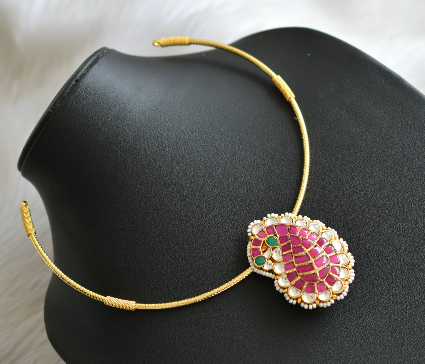 Gold tone pink-green-white kundan jadau mango Hasli necklace dj-42355