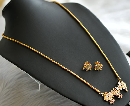 Gold tone 24 inches chain with ad ruby-green-white shanku-chakra-nama pendant set dj-43648