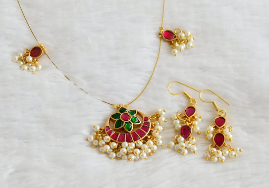 Gold tone pink-green kundan jadau flower moon pearl cluster invisible necklace set dj-50621
