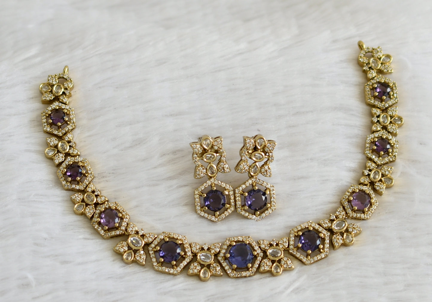 Matte finish cz purple round stone necklace set dj-48730