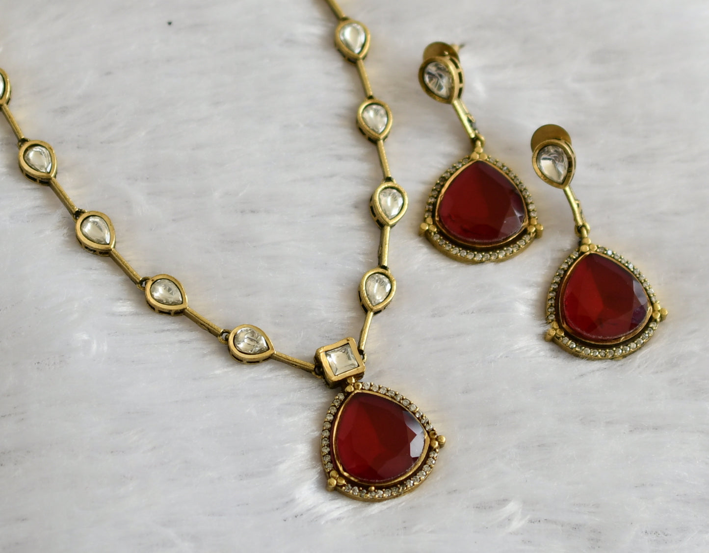 Antique cz red-white stone necklace set dj-46978