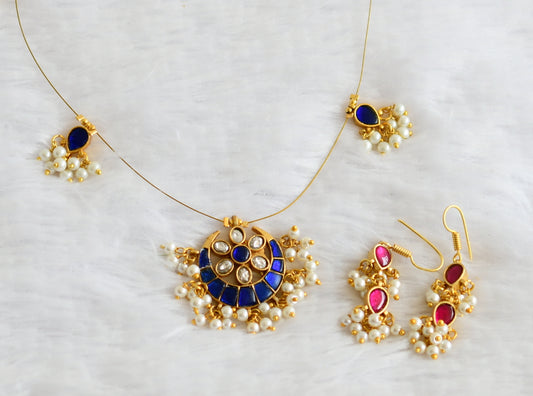 Gold tone blue-white-pink kundan jadau moon-flower pearl cluster invisible necklace set dj-50626