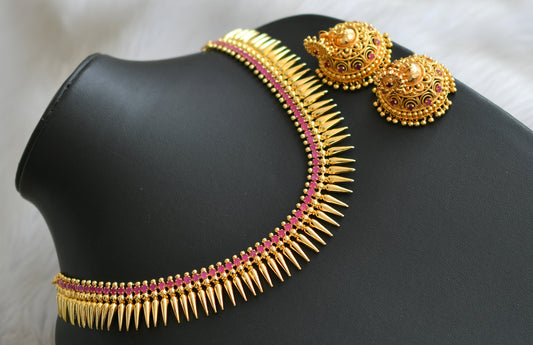 Gold tone pink stone mulla mottu Kerala style necklace set dj-42353