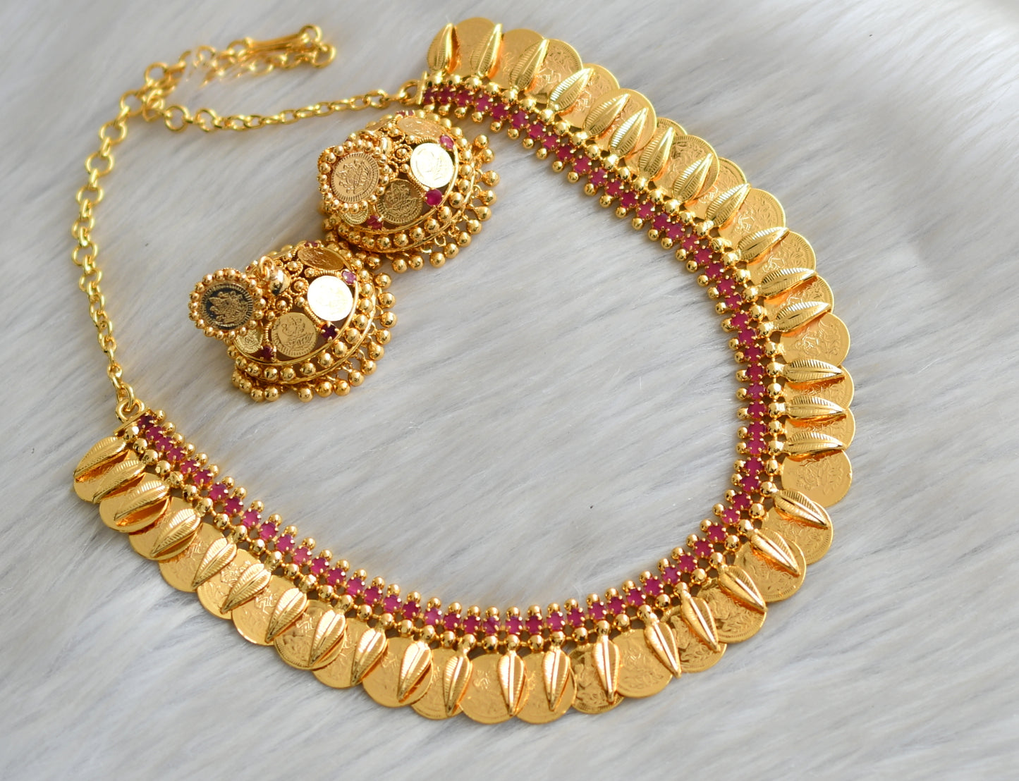 Gold tone pink stone Lakshmi coin Kerala style necklace set dj-42351