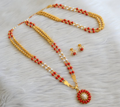 Gold tone 30 inches coral-pearl chain with pendant set dj-43652