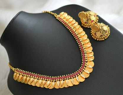 Gold tone pink stone Lakshmi coin Kerala style necklace set dj-42351