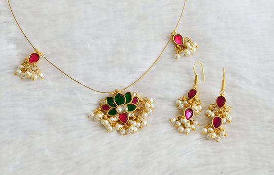 Gold tone green-pink-white kundan jadau pearl cluster invisible lotus necklace set dj-50628