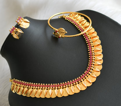 Gold tone pink stone Lakshmi coin Kerala style necklace set with kada dj-42352