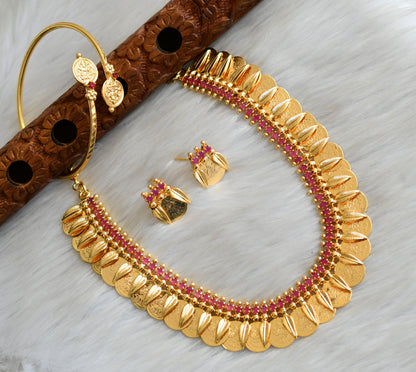 Gold tone pink stone Lakshmi coin Kerala style necklace set with kada dj-42352