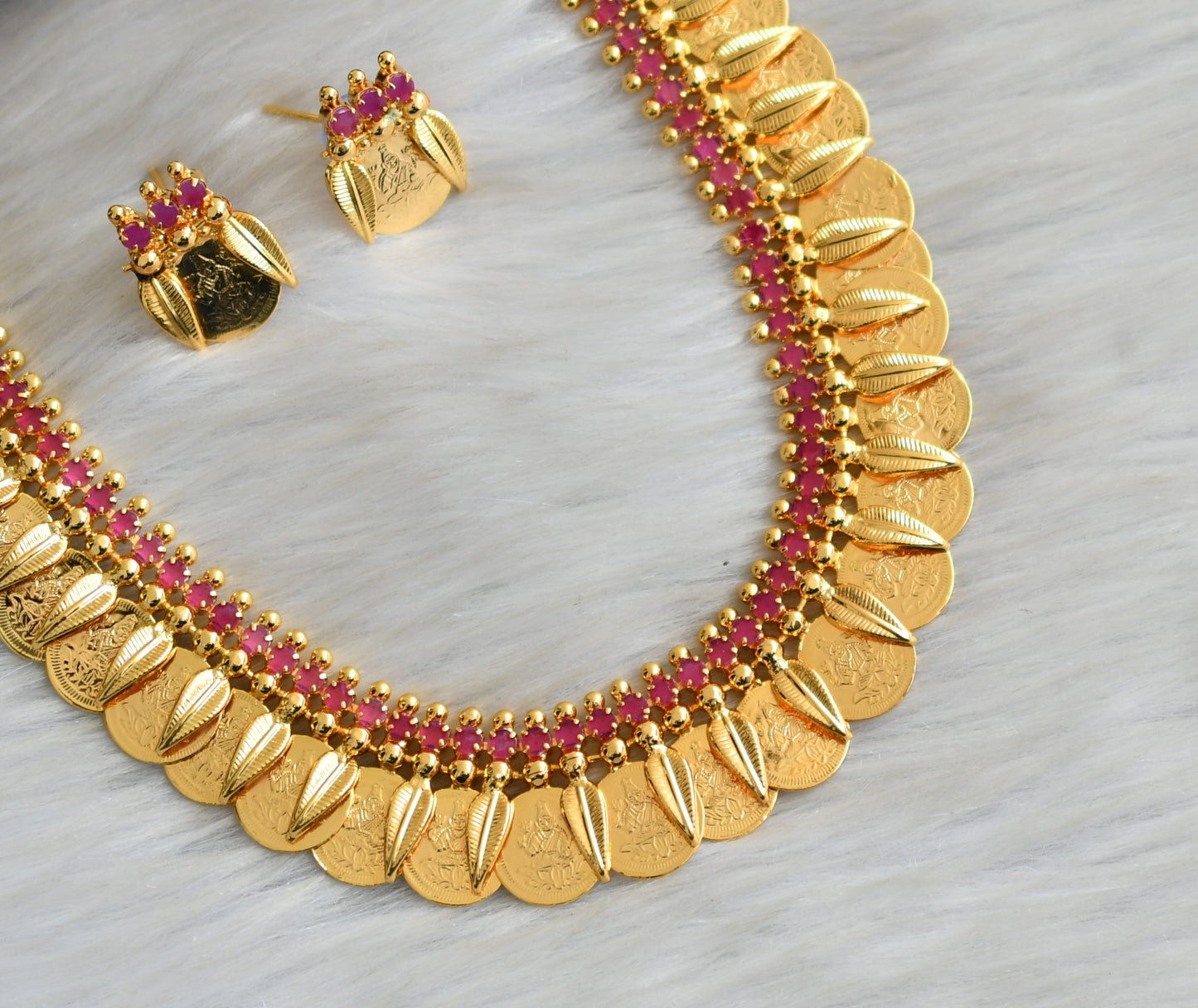 Gold tone pink stone Lakshmi coin Kerala style necklace set with kada dj-42352