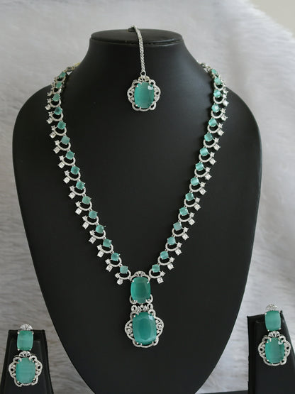 Silver tone cz sea green stone short haar set dj-46985