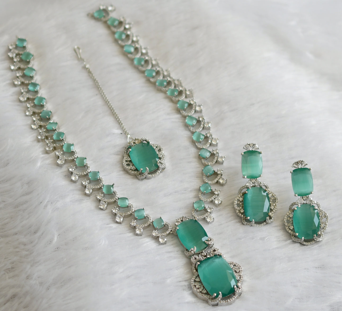 Silver tone cz sea green stone short haar set dj-46985