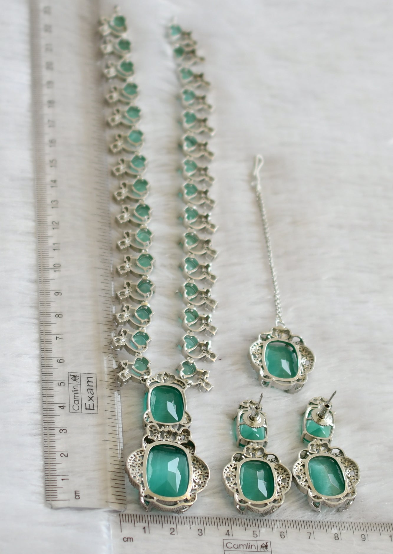 Silver tone cz sea green stone short haar set dj-46985