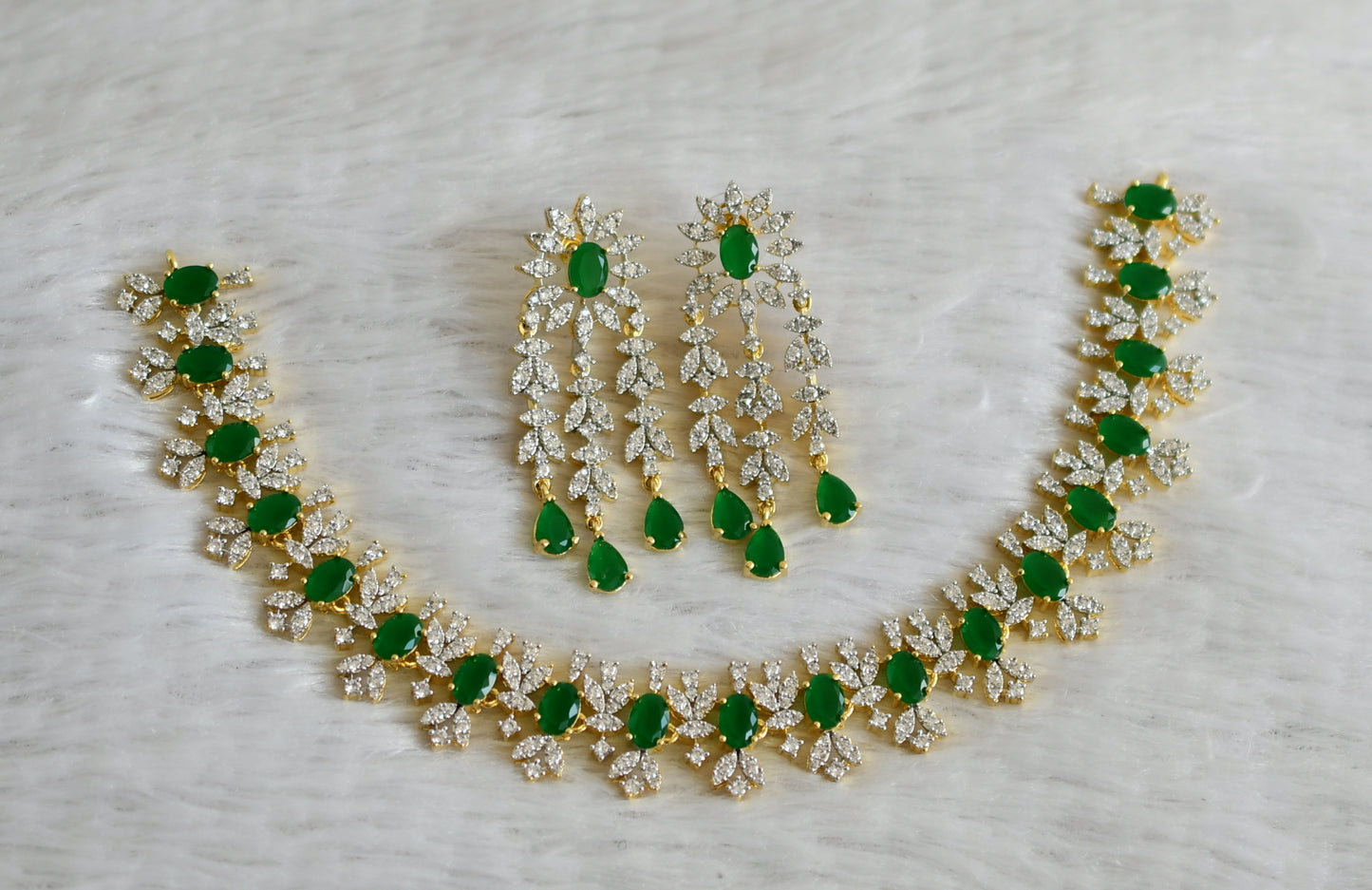 Two tone cz green oval stone necklace set dj-48754