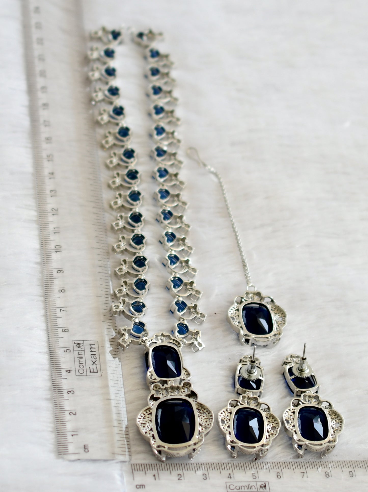 Silver tone cz blue stone short haar set dj-46986