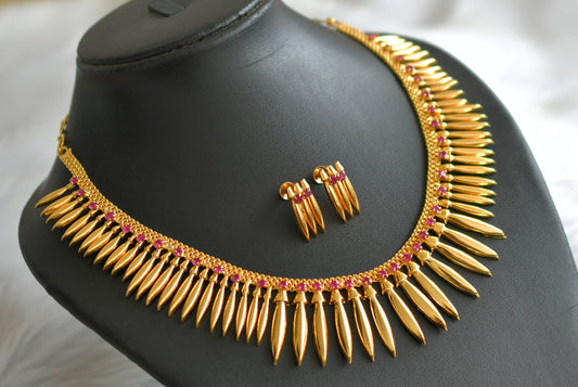 Gold tone kerala style pink stone mulla mottu necklace set dj-43663