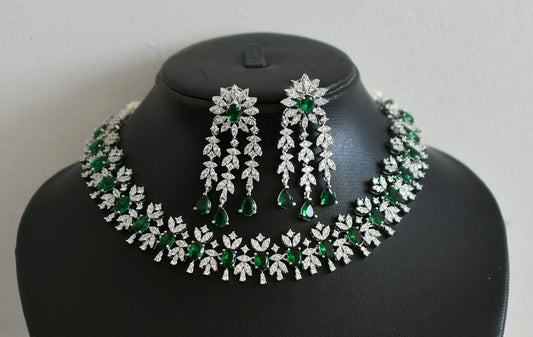 Silver tone cz white-bottle green oval stone necklace set dj-48755