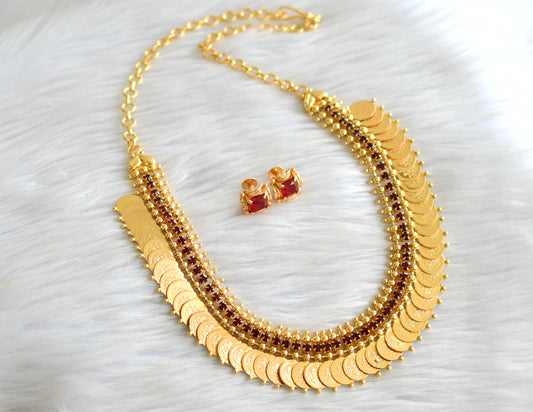 Gold tone maroon stone lakshmi coin necklace set dj-43665