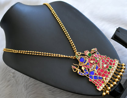 Gold tone pink-green-white-blue big shiva-parvathi kundan jadau pendant with double layer chain dj-45264