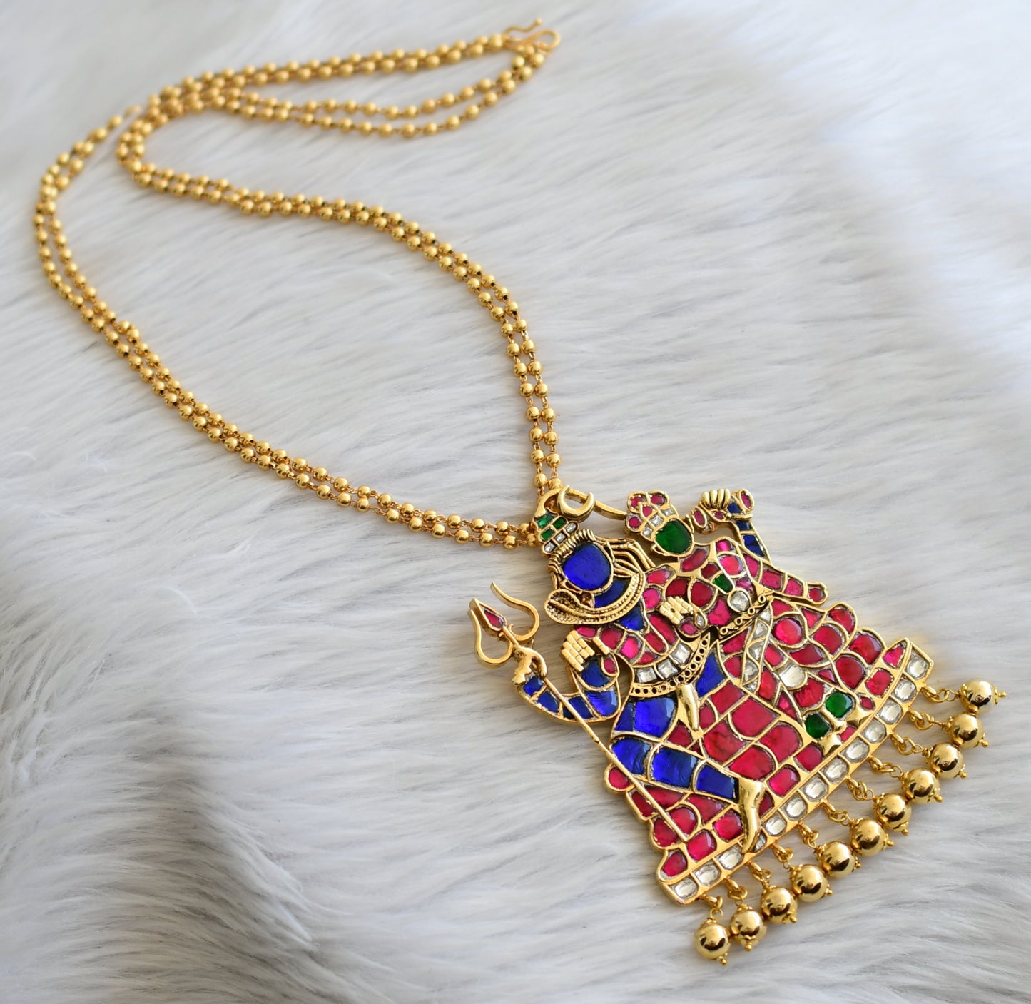 Gold tone pink-green-white-blue big shiva-parvathi kundan jadau pendant with double layer chain dj-45264