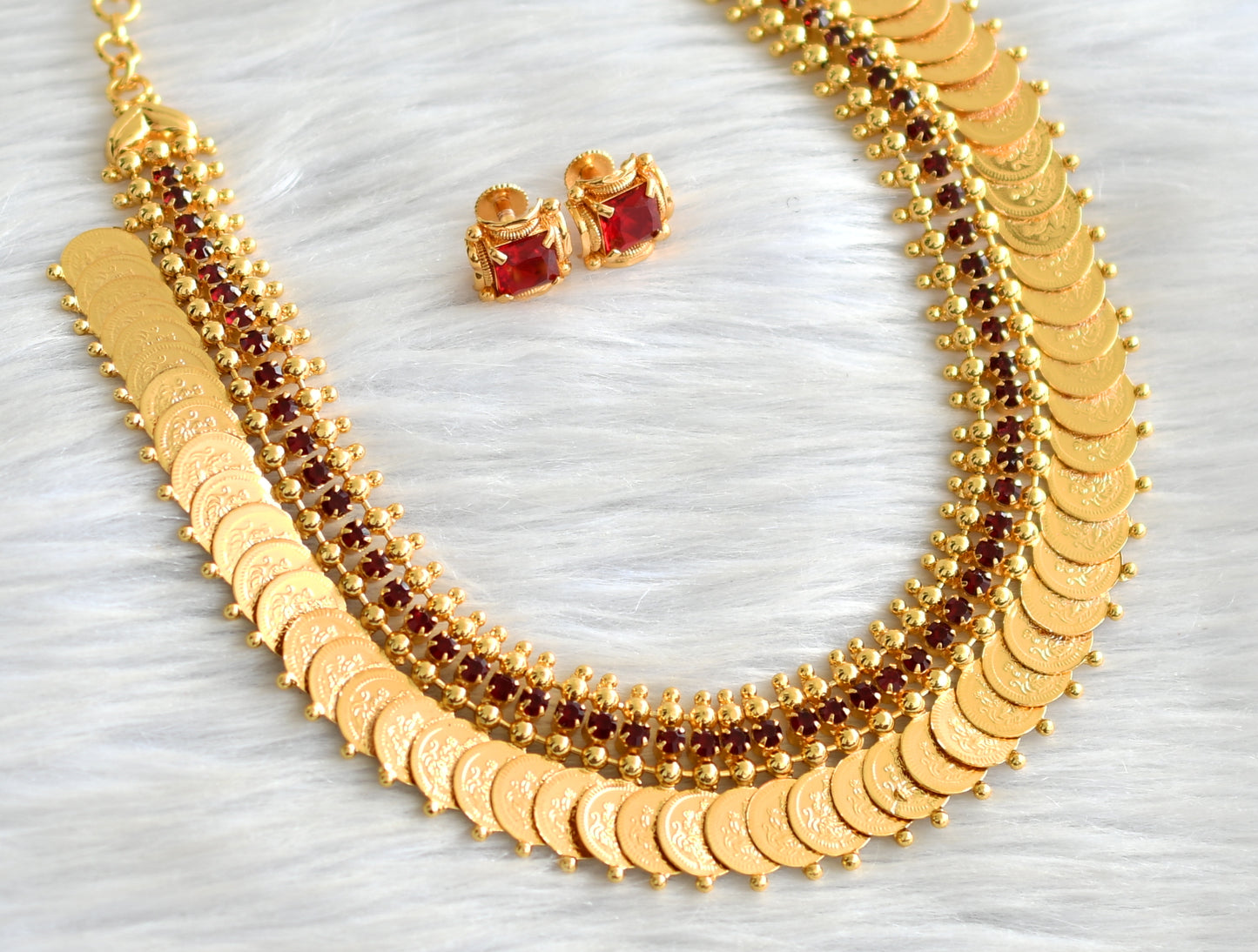 Gold tone maroon stone lakshmi coin necklace set dj-43665