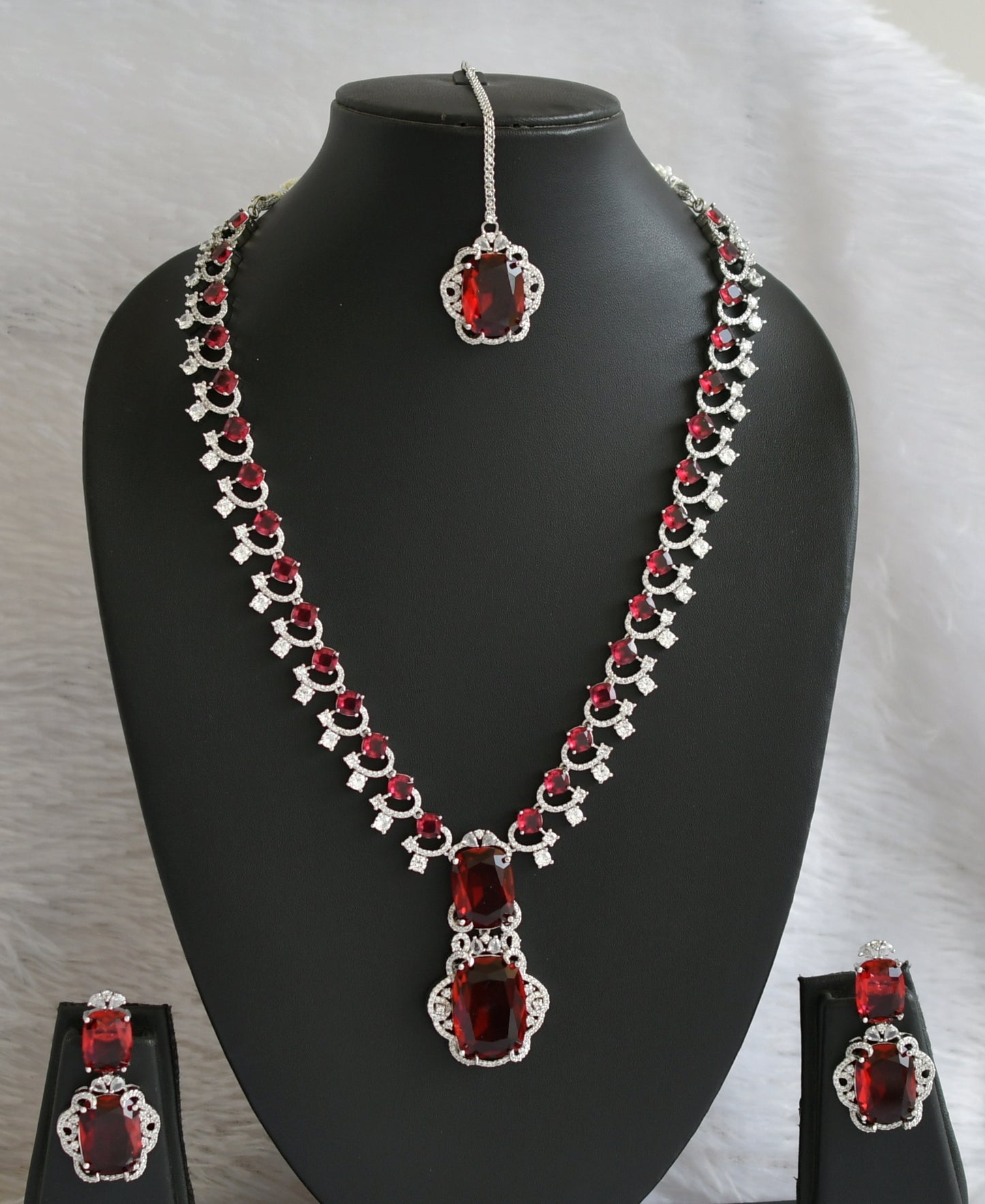 Silver tone cz red stone short haar set dj-46988