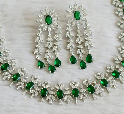 Silver tone cz white-bottle green oval stone necklace set dj-48755