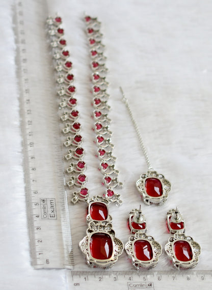 Silver tone cz red stone short haar set dj-46988