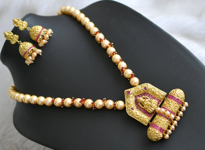 Matte finish pink stone pearl Lakshmi necklace set dj-42346