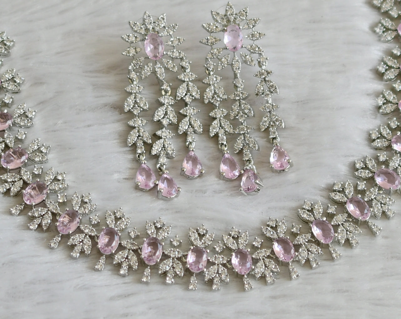 Silver tone cz white-baby pink oval stone necklace set dj-48756