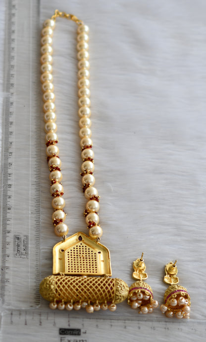 Matte finish pink stone pearl Lakshmi necklace set dj-42346